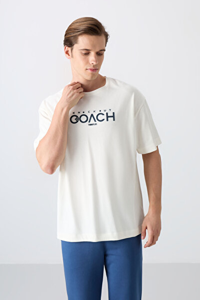 TOMMY LIFE تي شيرت رجالي من القطن Ecru سميك وناعم ومطبوع مقاس كبير - 88329