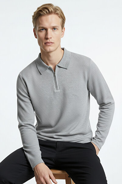 GW Komrat Men's Regular Fit Polo Neck Zippered Textured Jacquard Knit Sweater...