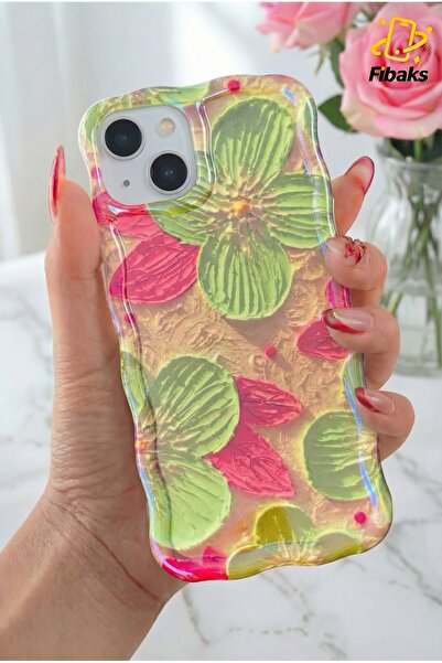Fibaks iPhone 13 Kılıf Parlak Yeşil Çiçek Desenli Dalga Kenarlı Kamera Korumalı Darbe Emici