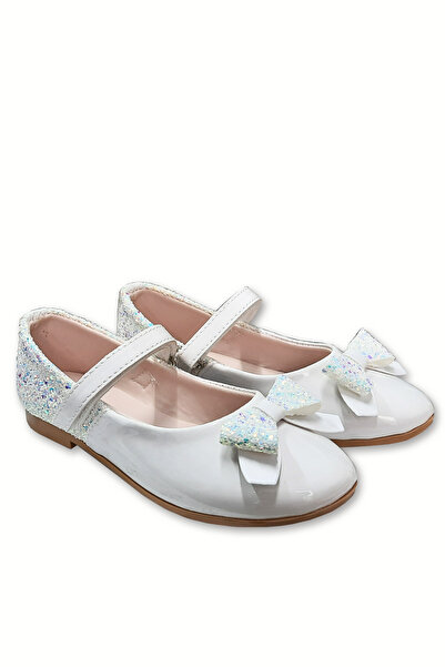 welissa حذاء باليرينا من الجلد اللامع للفتيات - أبيض وتفاصيل لامعة