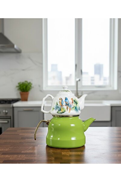 EmayeBurada Açık Yeşil Papağan Emaye Porselen Demlikli Çaydanlık