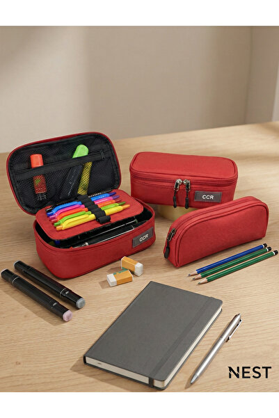 Nest İkili Set Kırmızı Kalemlik, Dayanıklı Kalem Kutusu, Okul ve Kırtasiye