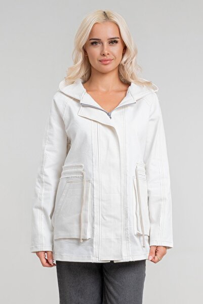 Bold & Young معطف نسائي من قماش القطن Power قماش قابل للتمدد مزود بغطاء للرأس وسحاب ورباط وخياطة متقنة، لون إكرو