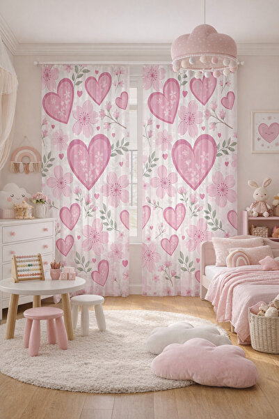 Bebişim Halı Kalp Bahçesi Çiçekli Kalpli Çocuk Odası Tül Perde