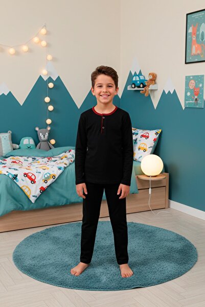 Kompedan Erkek Çocuk Pamuklu İnterlok Bisiklet Yaka Pijama Takımı | Siyah 207