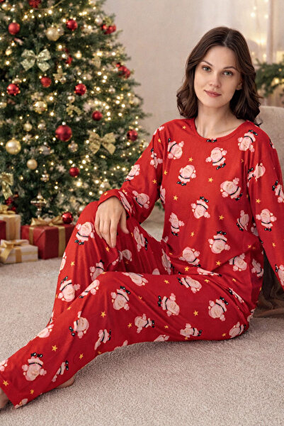 lindros Pajama Set Red Santa Patterned New Year's Meet-And-Greet Pajama Set