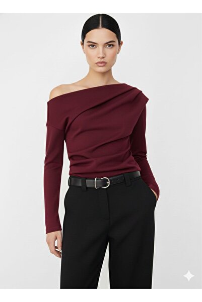 BY HUPE Drape/ Ruched Detail Draped Asymmetrical Neckline Knitted Sandy Blouse