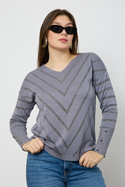 Moda Days سترة نسائية رمادية لامعة بياقة على شكل V وتصميم عصري بمقاس قياسي