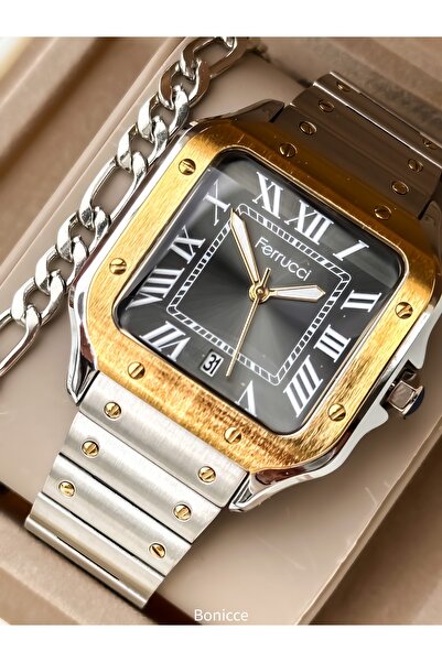 Ferrucci Çelik Kordon Altın Sarısı - Kare Kadran Erkek Kol Saati +Bileklik