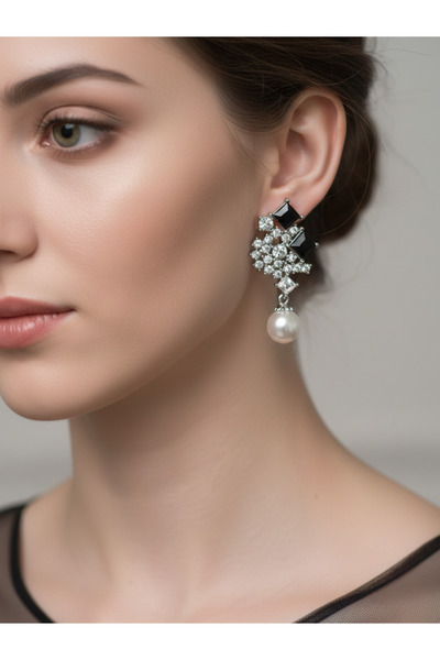 Süspüs Accessories Black Stone, Pearl Dangle Evening Dress Zircon Earrings