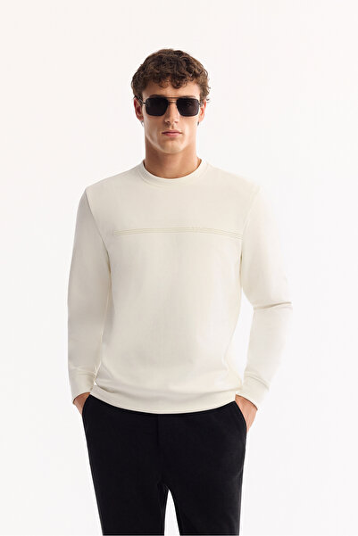 Avva Erkek Ekru Bisiklet Yaka Pamuklu Bi-Stretch Baskılı Regular Fit Sweatshirt A52Y1325
