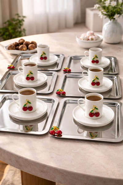 YzHome 6 Kişilik Porselen Kiraz Fincan Takımı Seti 90ml ve 6 Adet Metal Kiraz...