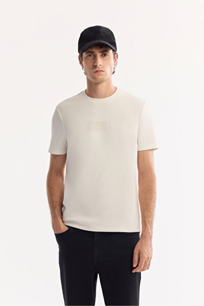 Avva Erkek Ekru Bisiklet Yaka Viskon Karışımlı Bi-Stretch Baskılı Regular Fit T-Shirt A52Y1020