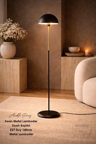 Anadolu Saray Swan Metal Lambader Siyah Kumaş Başlıklı E27 Duy 140cm Metal Lambader