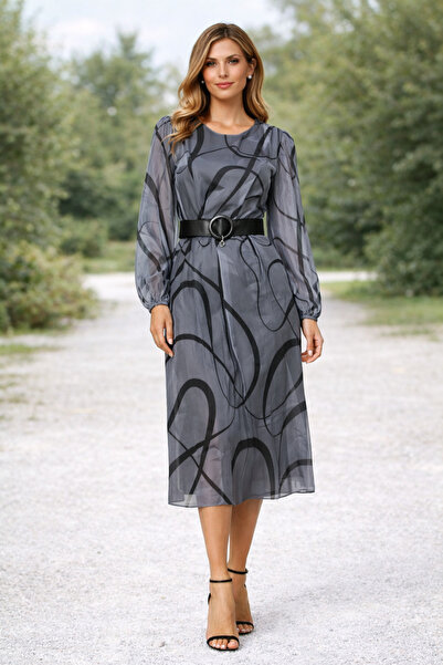codemark Belted Long Sleeve Printed Dress