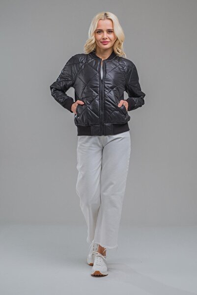 Bold & Young Women's Black Front Quilted Flato Pocket Steel Fabric Combination Zippered Bomber Jacket