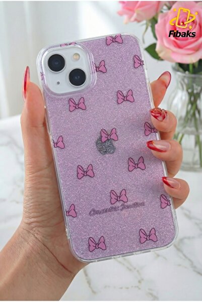 Fibaks Apple iPhone 13/14 Uyumlu Kılıf Mor Simli Fiyonk Desenli Renkli Parlak Darbe Emici Kapak