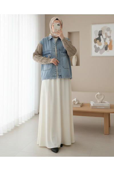 Modamorfo سترة دنيم نسائية بتفاصيل أكمام محبوكة -32041CKT