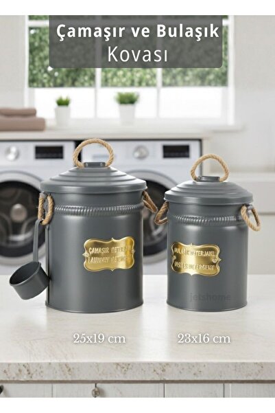 Jet's Home 2'li Set Deterjan Kovası Çamaşır Bulaşık Kutusu Ölçekli Galvaniz M...