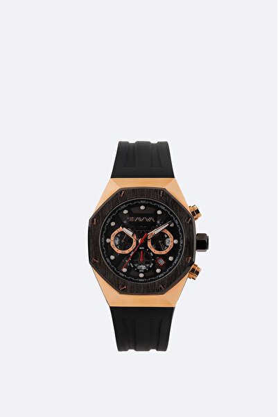 Avva ساعة يد رجالية سوداء - وردية مع حزام سيليكون في علبة هدايا B009016