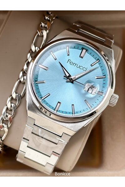 Ferrucci Fonksiyonlu Erkek Kol Saati, Sertifikalı,Garantili,Lacivert Gümüş Çelik Kordon Çift Bileklik
