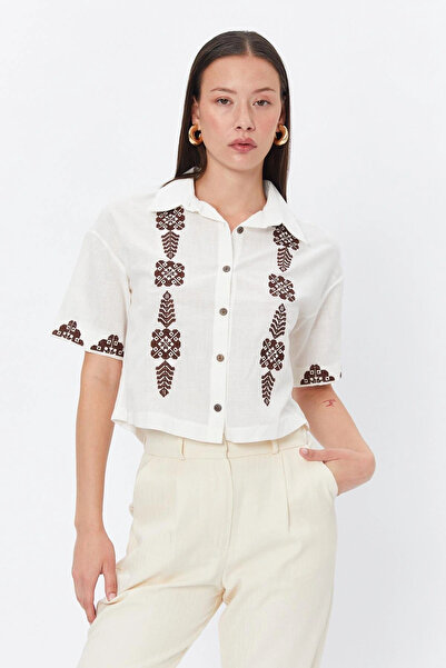 Reyon Cămașă albă cu mânecă scurtă cu model etnic 34164