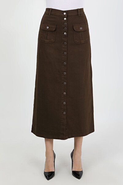 VELLICHOR Boydan Düğmeli Körük Cepli Tesettür Etek Kahverengi