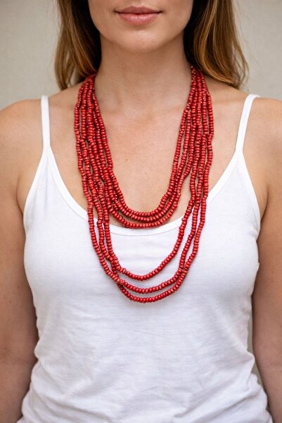 Gönülden Tasarım KIRMIZI AHŞAP BONCUKLU 3 LÜ KADIN KOLYE BOY 67 CM