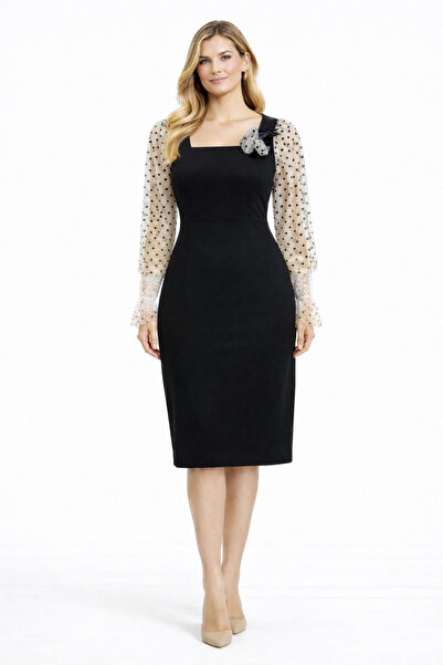 codemark Kare Yaka Organze Detaylı Fiyonklu Elbise