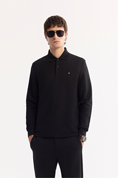 Avva Erkek Siyah Polo Yaka Pamuklu Basic Slim Fit Sweatshirt B001080