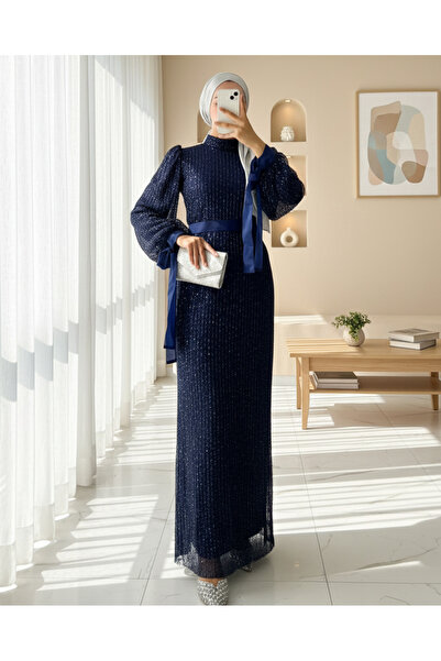 Modamorfo Cutout Beaded Stripe Sequin Belted Evening Dress -Laci