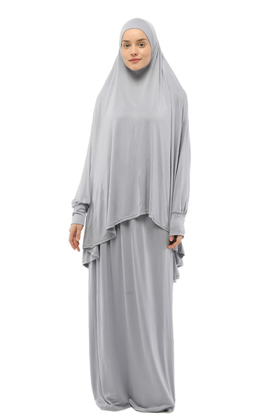 Altobeh Πρακτικό μανίκι από βαμβακερή νυχτερίδα δύο τεμαχίων με μαντίλα βιολογικό φόρεμα προσευχής χιτζάμπ-γκρι