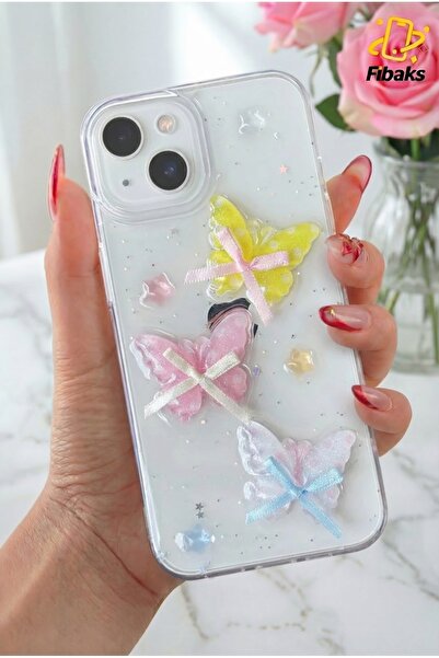 Fibaks Apple iPhone 13 - 14 - 15 Kılıf Şeffaf Simli Renkli 3D Kelebek Desenli Fiyonk Kurdale Silikon Kapak