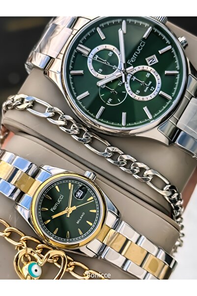 Ferrucci Marka Gümüş Sarı Renk Çelik Kordon, Yeşil Kasa Sevgili Çift Kol Saat...