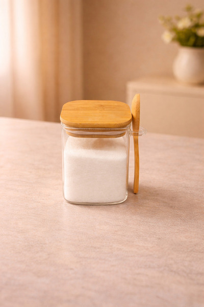 YzHome حاوية تخزين زجاجية مربعة بغطاء من الخيزران مع ملعقة 8*10 سم