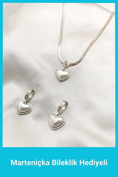 Kuşkaya Ticaret Çelik Venedik Kalp Kolye Küpe Silver Set | Yeni Yıl Hediyesi | Yılbaşı Hediyesi Kadın