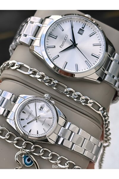 Ferrucci Marka Gümüş Renk Çelik Kordon, Beyaz Kadran Sevgili Çift Kol Saatler...