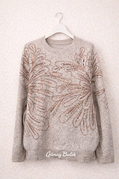 günay boutıque Embroidered Front Imported Design Knitwear Sweater -Mink