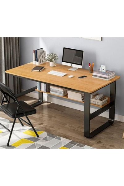 AGD مكتب كمبيوتر منزلي حديث، بإطار معدني ورف سفلي للتخزين، مكتب عمل 100*60*73سم (بني)