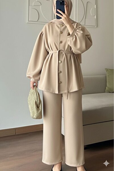 onlymoon Bej Scuba Kumaş Alt Üst Takım ♦ Full Düğmeli ♦ Kuşaklı ♦ Kadın Teset...