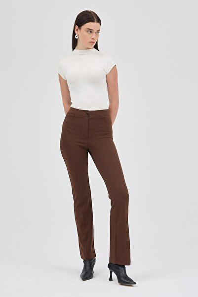 Rays Καφέ Πλεκτό Παντελόνι ίσιο κούρεμα με ραφές με ραβδώσεις στη μέση TCR-6873A