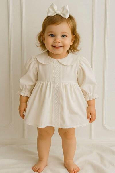 Hobidik Bebek Çocuk Kırık Beyaz Saten Önden Dantelli Elbise Set