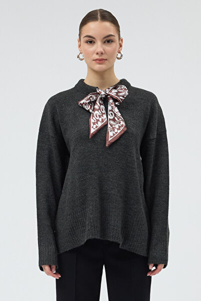 Rays Anthracite Scarf Detailed Mock Neck Women's Knitwear Sweater 2465