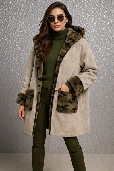 LaraLisa İçi Peluş Kamuflaj Desen Dışı Nubuk Kumaş Fermuarlı Kadın Mont