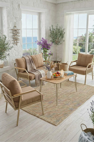 UFUK HOME Daisy Makrome Örgülü 211 Masalı Kahverengi Balkon & Bahçe Mobilyası Seti Balkon Takımı