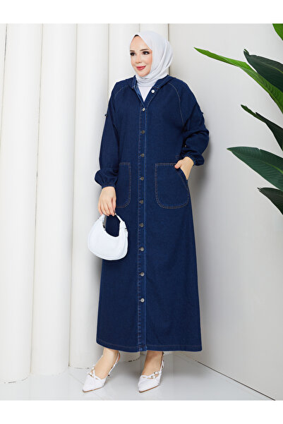 Pamuk Butik قبعة نسائية من قماش الدنيم بجيب الكنغر وإغلاق بأزرار