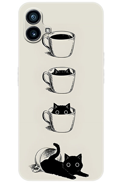 NOTHING Phone 1 Uyumlu Kılıf Desen Baskılı Silikon Kedi ve Kahve Çizimi STK:707 CP-lVzZjos