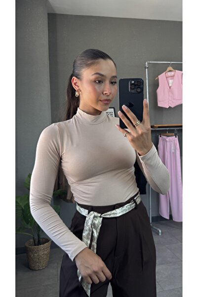 YOUR NAME Yarım Balıkçı Yaka Uzun Kol Bej Kadın Uzun Bluz