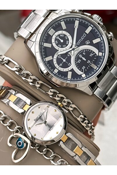 Ferrucci Marka Gümüş Renk Çelik Kordon Sevgili , Çift Kol Saatleri Tesbih Bil...