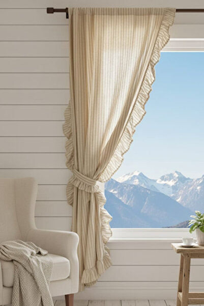 MZN Home Perdele rustică din in, cu dungi maro-lăptos, cu volane pe 3 laturi – o singură lamă, cu șireturi ca cadou